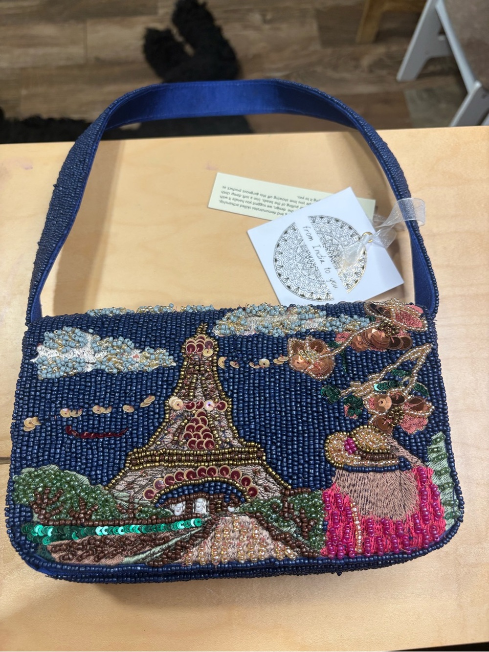 Beaded Navy Paris Motif Women’s Shoulder Bag